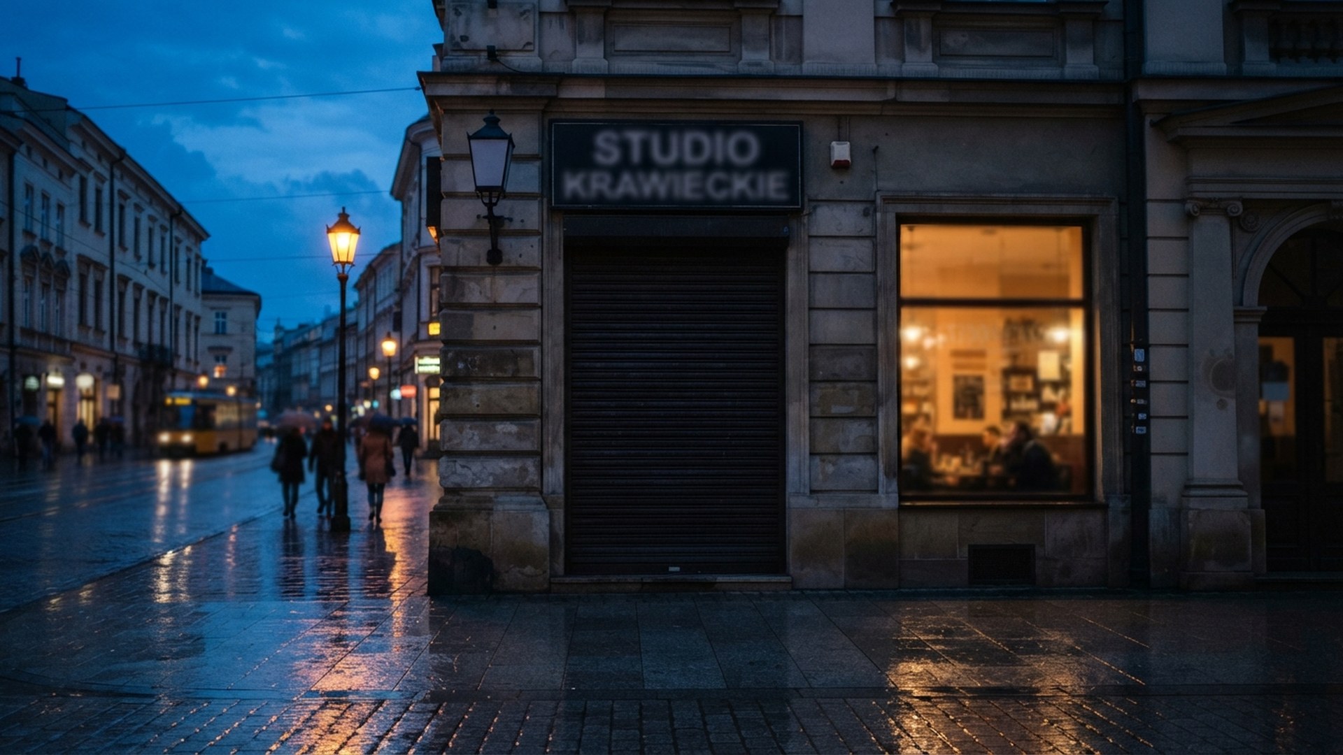 Polska: a closed shop shutter on a city street at dusk