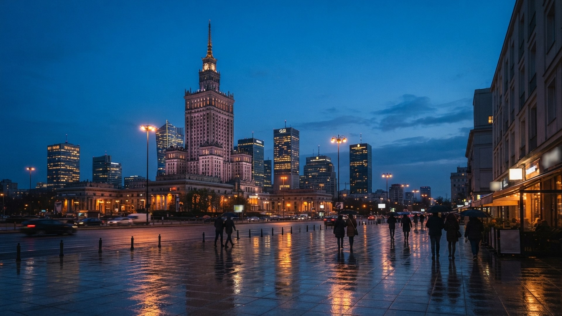 Polska: the Palace of Culture and Science and the modern skyscraper skyline of Warsaw